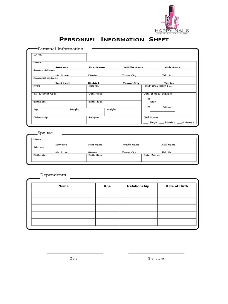 Personnel Information Sheet Template | PDF