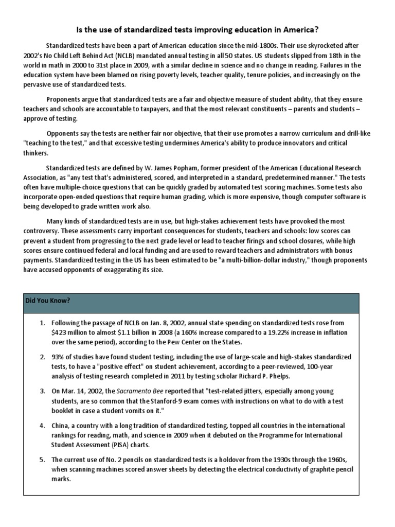 Is The Use of Standardized Tests Improving Education in America? PDF