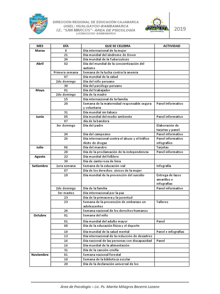 Calendario Civico Salud Mental PDF Bienestar Medicina