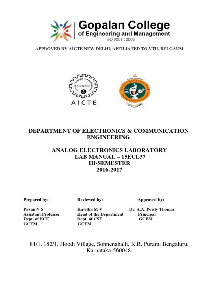 Analog Electronics Laboratory Manual 10ESL37 PDF Rectifier Amplifier