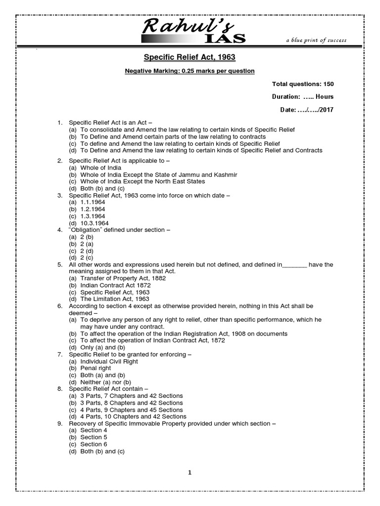 Specific Relief Act PDF Specific Performance Damages
