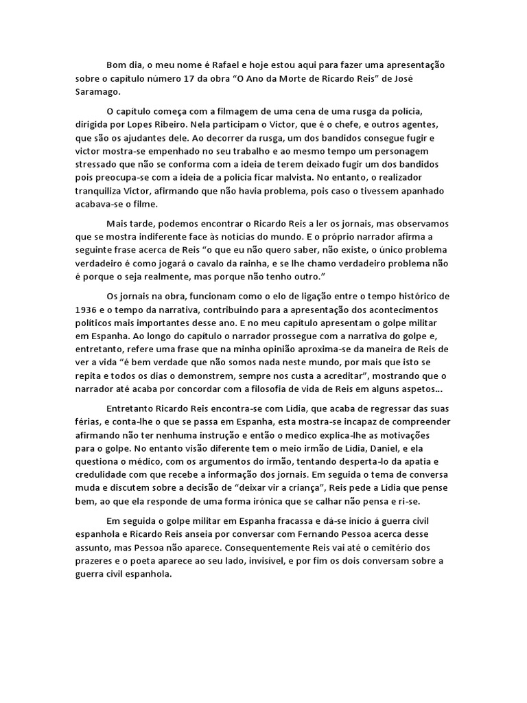 O Ano Da Morte De Ricardo Reis Resumo Por Capitulos