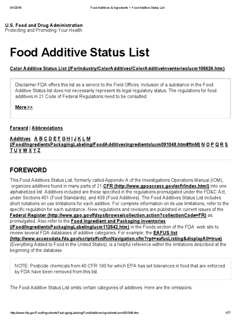 Food Additives & Ingredients Food Additive Status List PDF Food