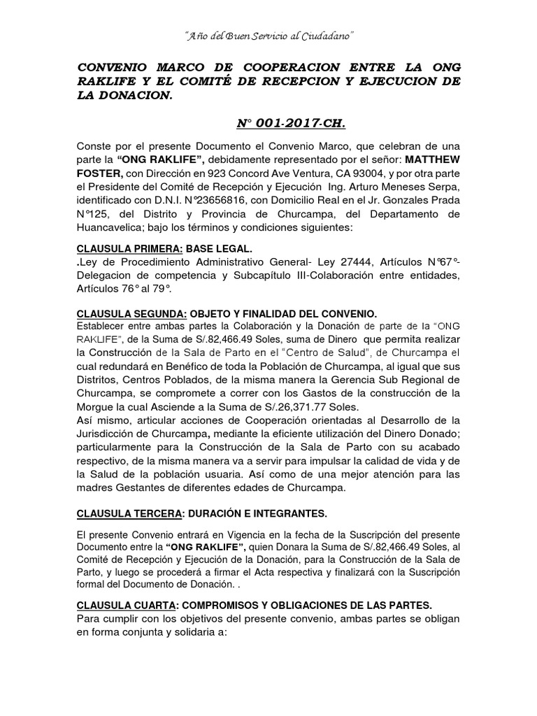 Convenio Marco de Cooperacion Entre La Ong Raklife y El Comité de ...