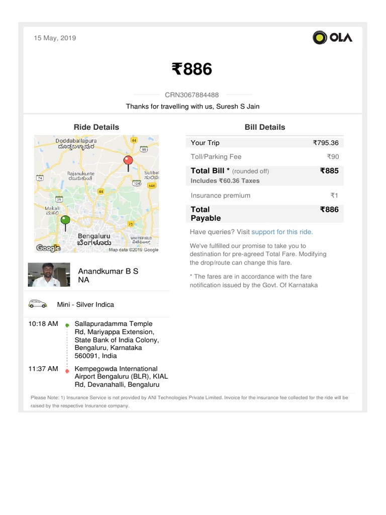 Ride Details Bill Details Anandkumar B S Na Pdf Invoice Services