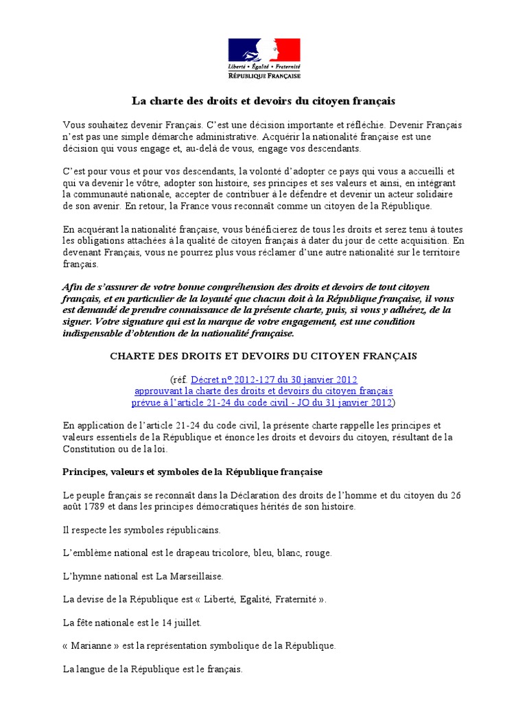 La Charte Des Droits Et Devoirs Du Citoyen Français | PDF | Citoyenneté ...