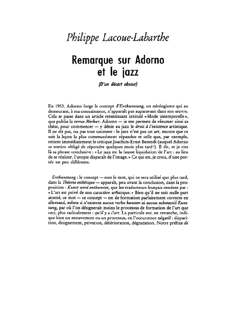 LacoueLabarthe Remarque Sur Adorno Et Le Jazz PDF