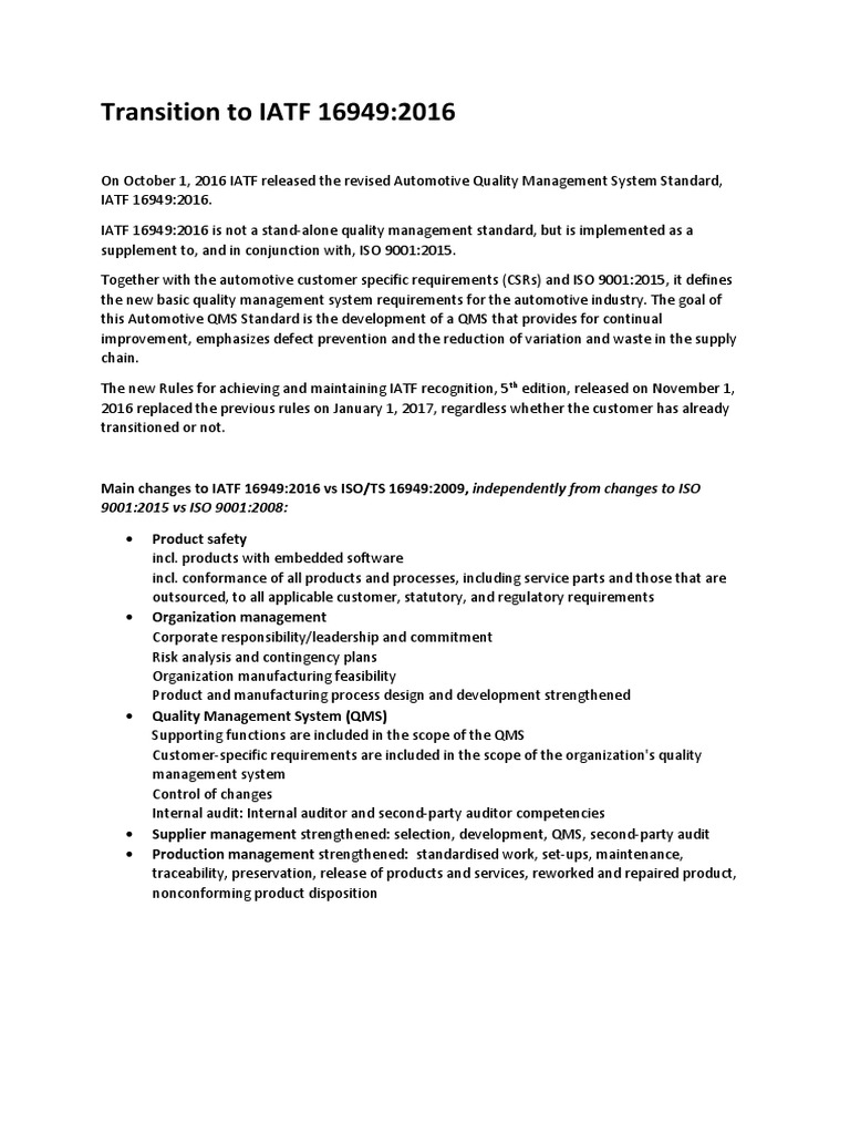 Transition To IATF 16949 - 2016 | PDF | Quality Management System ...