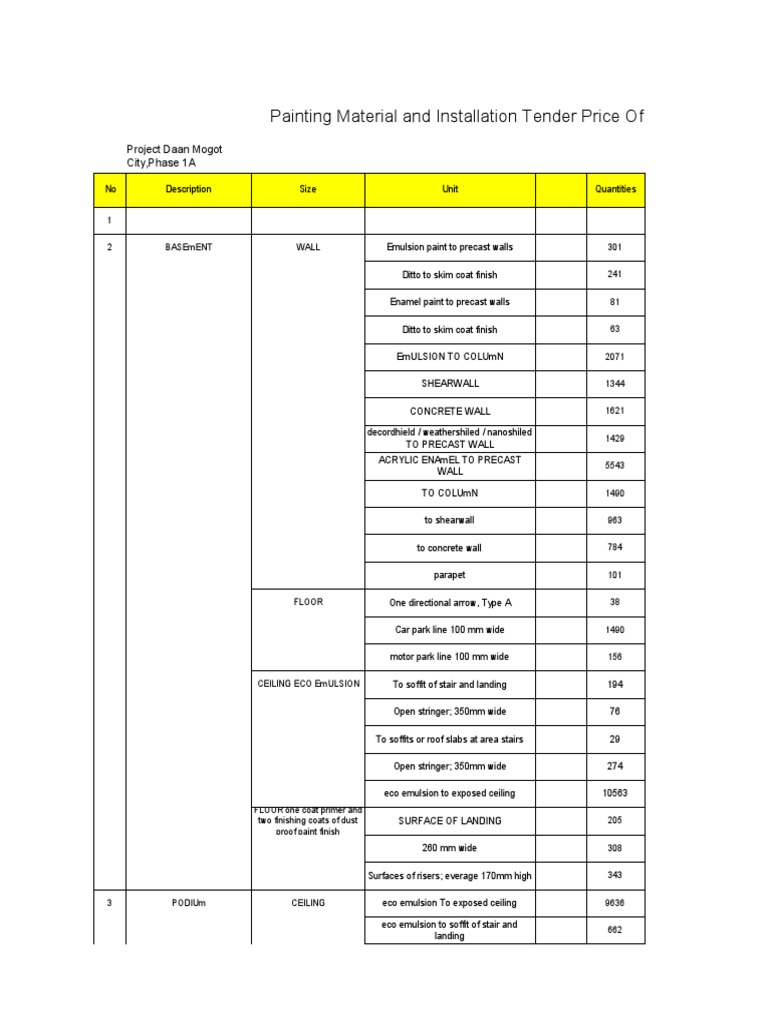 PAINTING Tender Quotation PDF Wall Precast Concrete