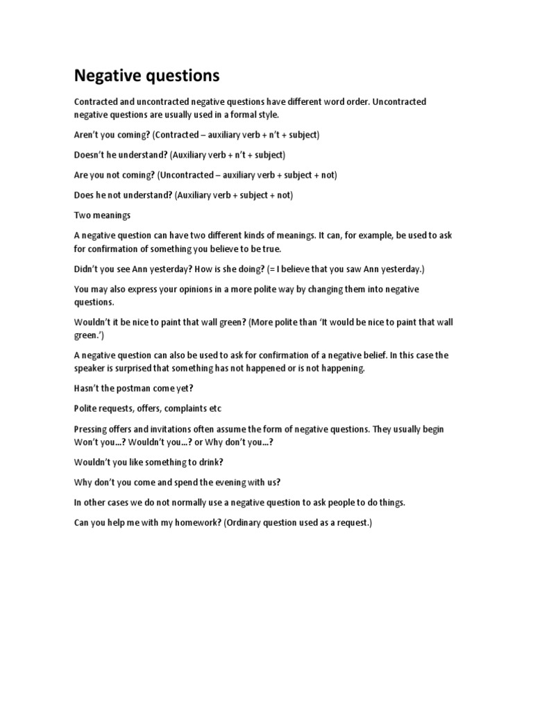 Negative Questions PDF Question Syntax