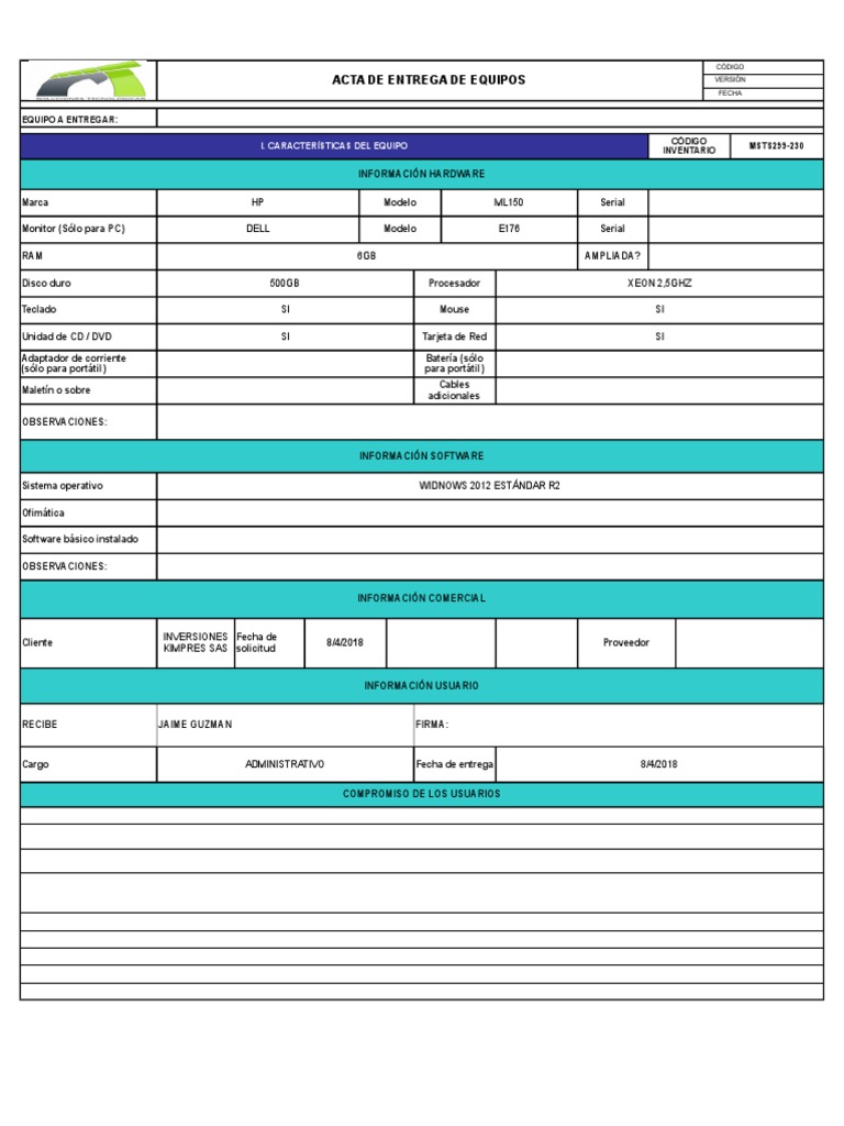 Acta de Entrega de Equipos de Cómputo | PDF | Hardware de la ...