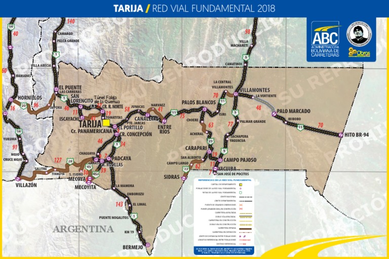 Mapa de la red vial fundamental del departamento de Tarija, Bolivia ...