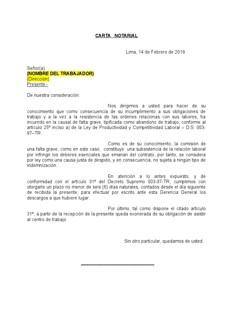 MODELO CARTA DE PREAVISO DE DESPIDO