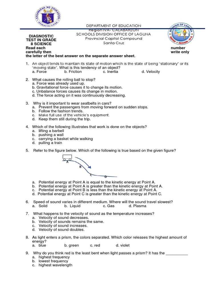 Diagnostic test in grade 8 science read each number carefully then