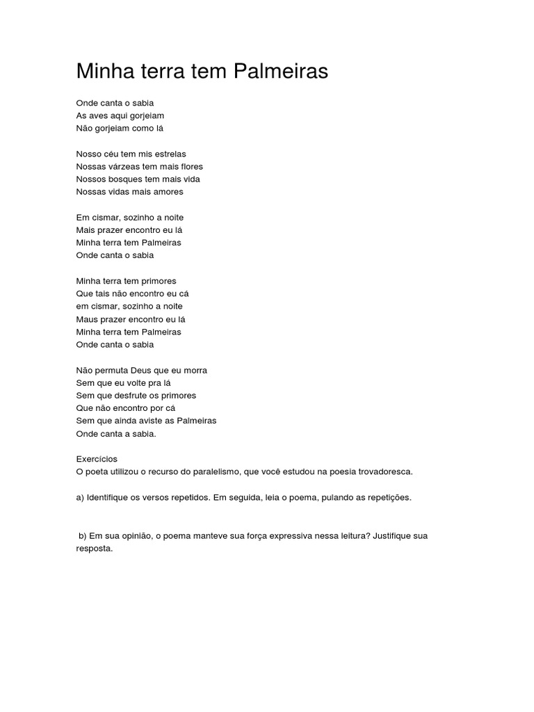 Minha Terra Tem Palmeiras Onde Canta O Sabiá Autor