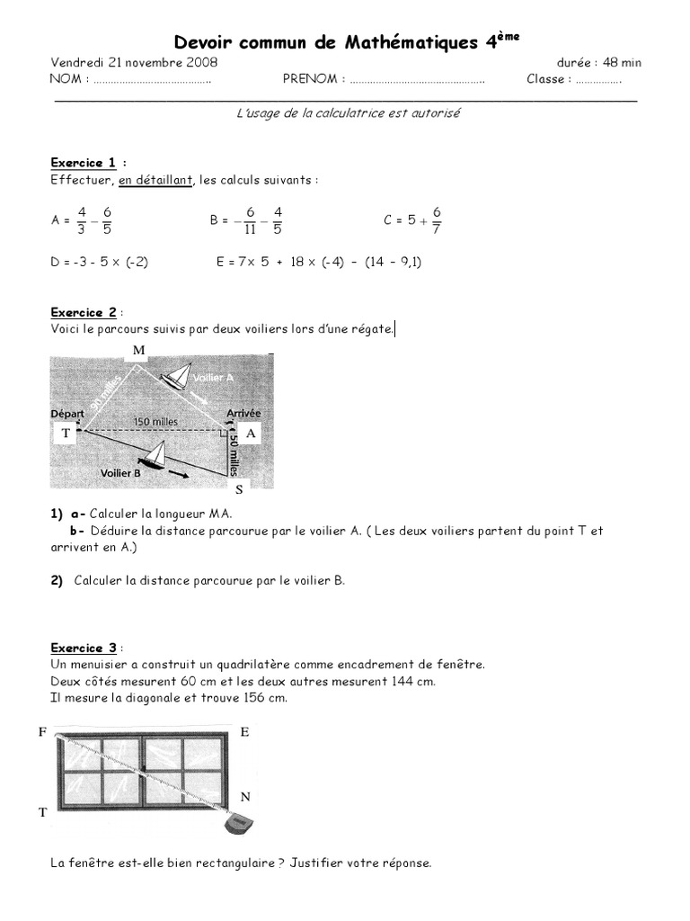 Devoir En Commun Maths Quatrieme 4eme 3 Pdf Triangle Geometrie