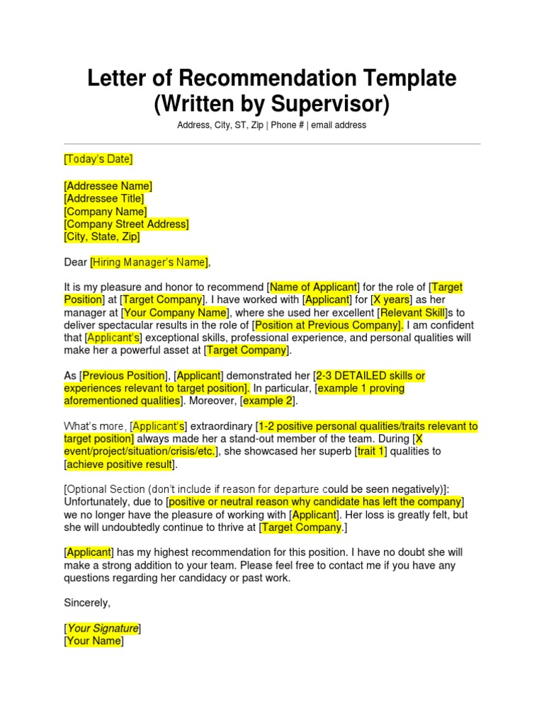 Supervisor's Recommendation Letter Template | PDF