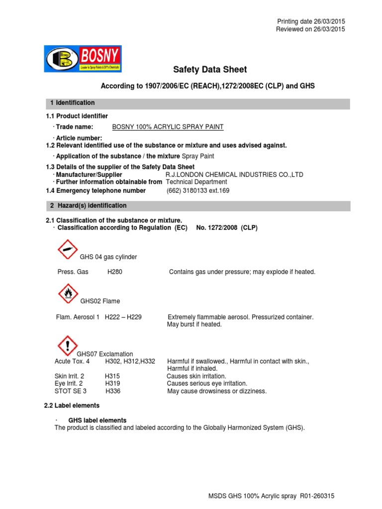 Bosny Spray (MSDS) PDF Chemistry Materials
