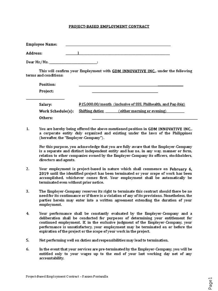 Project based employment contract template non probationary doc 
