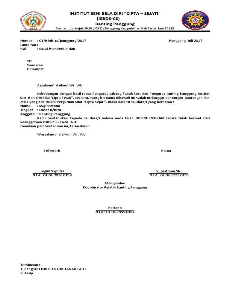 Surat Pemberhentian Anggota ISBDS | PDF