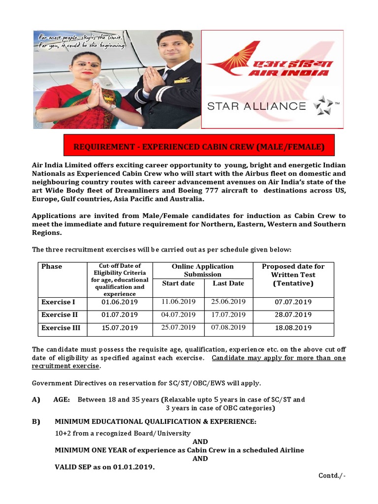 Air India Cabin Crew Recruitment 2019 | PDF | Rupee | Flight Attendant