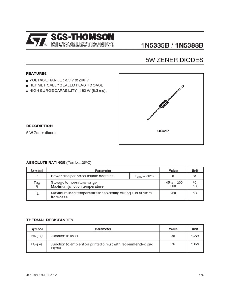 High Power Zener Diodes Technical Specifications and Performance Characteristics of the 1N5335B
