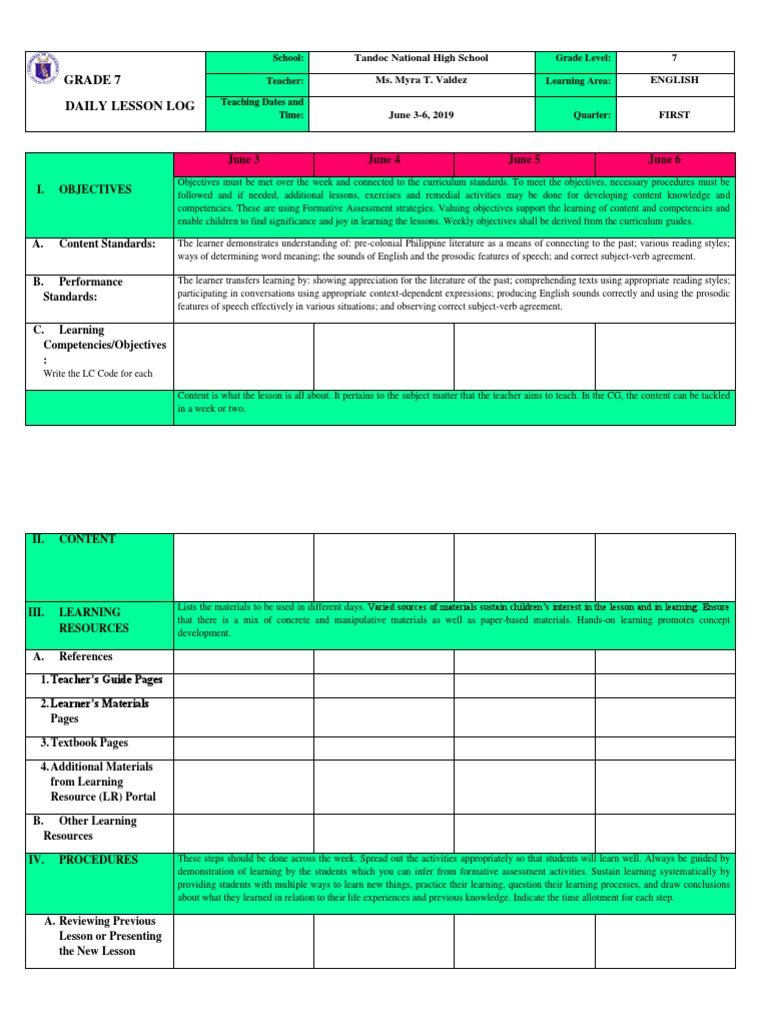 Grade 7 Daily Lesson Log: June 3 June 4 June 5 June 6 | PDF | Teaching ...