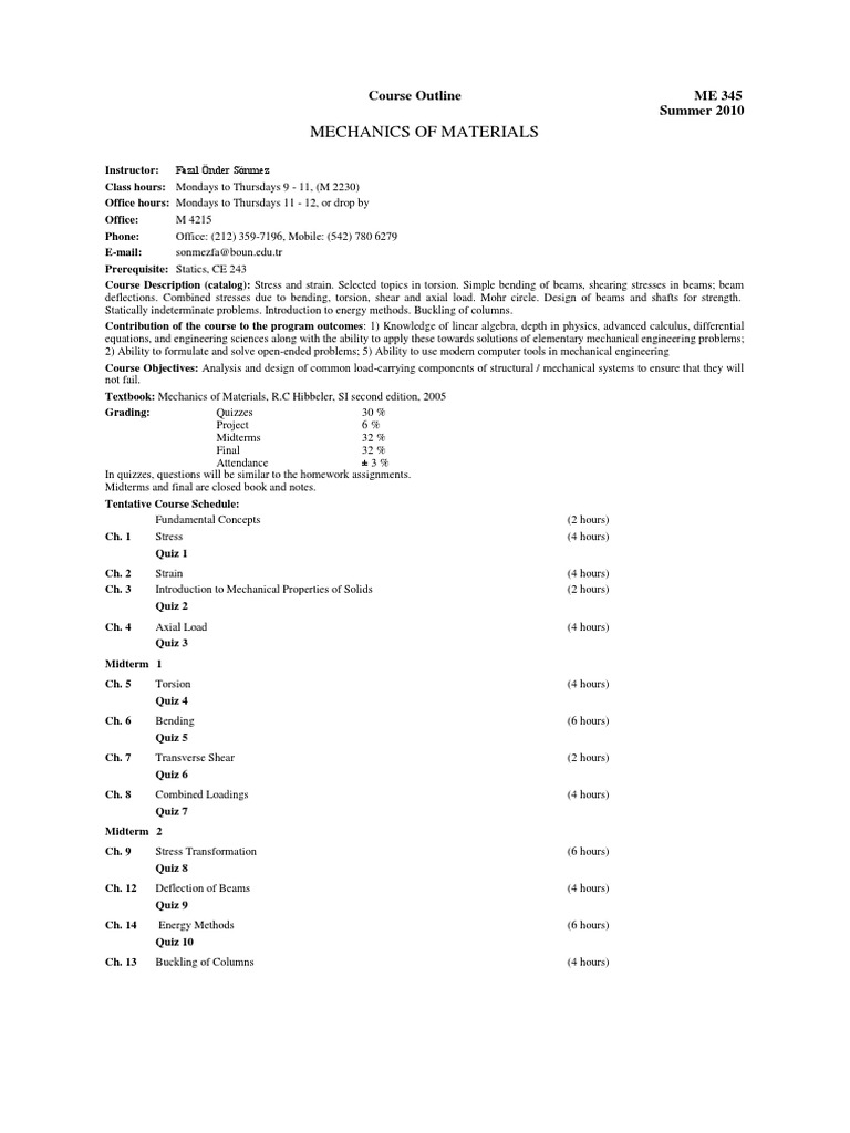Mechanics of Materials: Course Outline ME 345 Summer 2010 | PDF ...