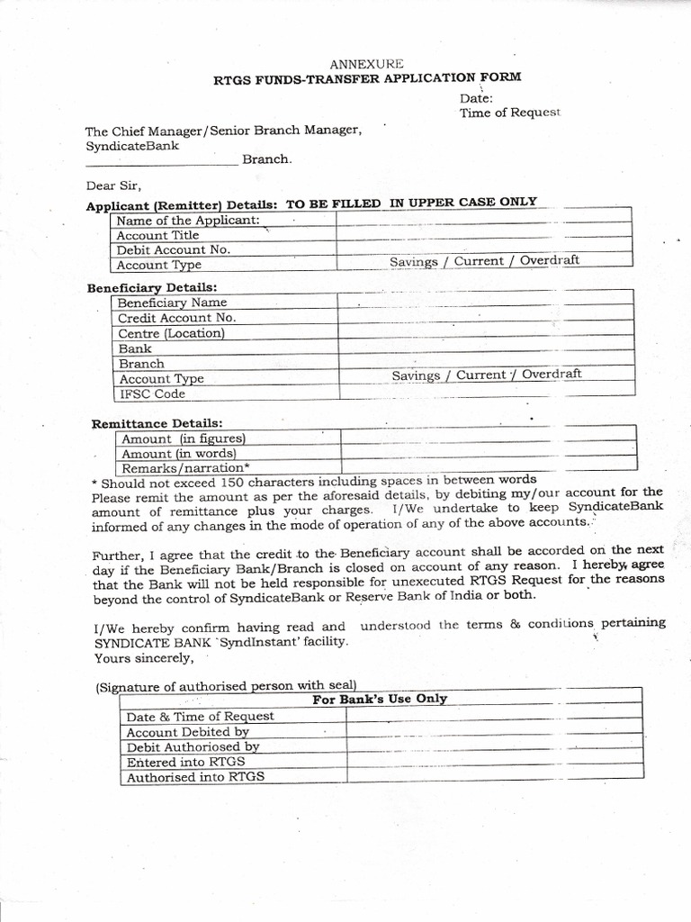 RTGS FUNDS TRANSFER APPLICATION FORM | PDF | Banks | Money