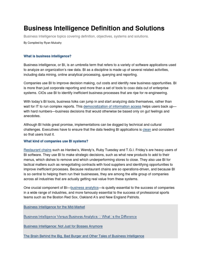 Business Intelligence Overview and Solutions | PDF | Business ...
