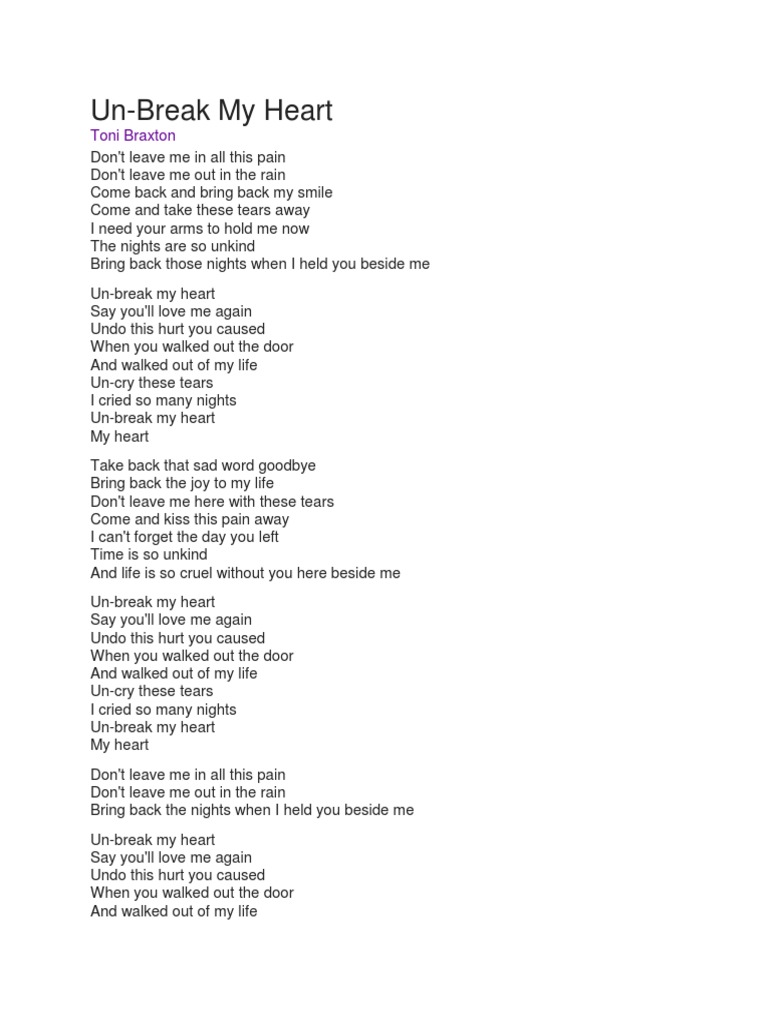 Unbreak My Heart Sheet Music Toni Braxton Guitar Un Break My Heart