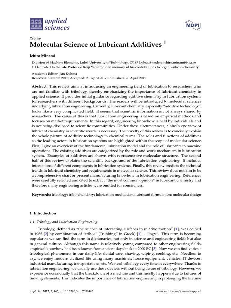 Applied Sciences Molecular Science of Lubricant Additives PDF