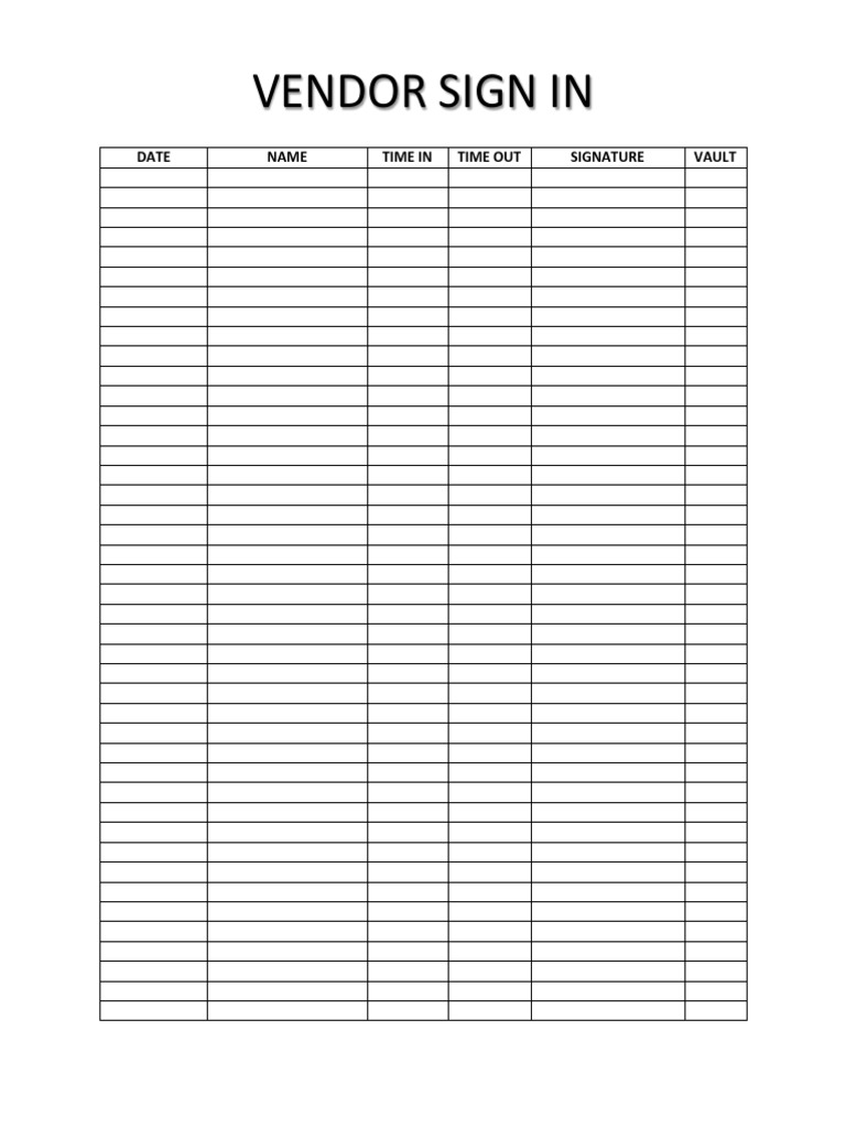 Vendor Sign-In Sheet Template | PDF