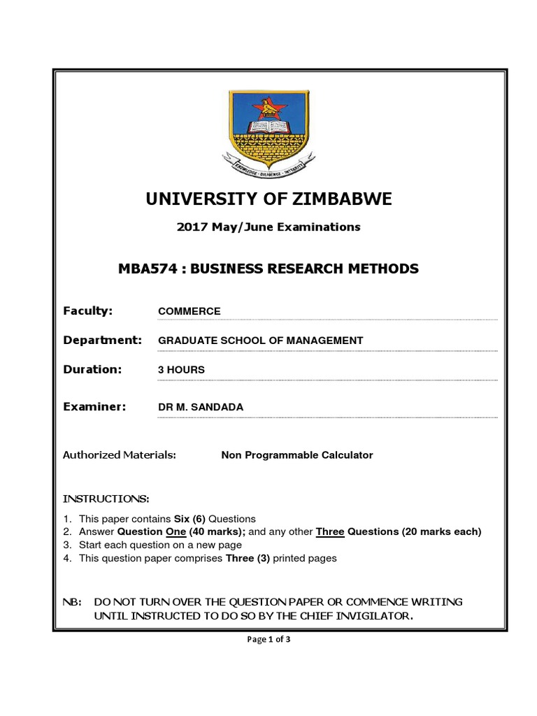 University of Zimbabwe: Mba574: Business Research Methods | PDF