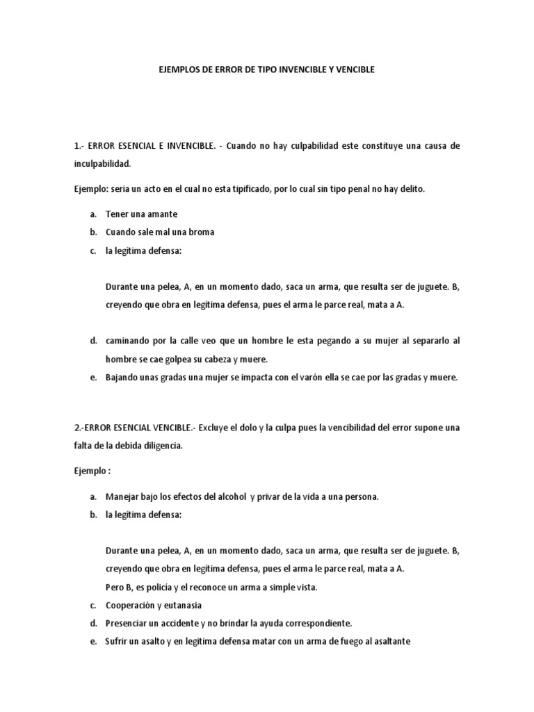 Ejemplos De Error De Tipo Invencible Y Vencible Pdf Justicia Penal