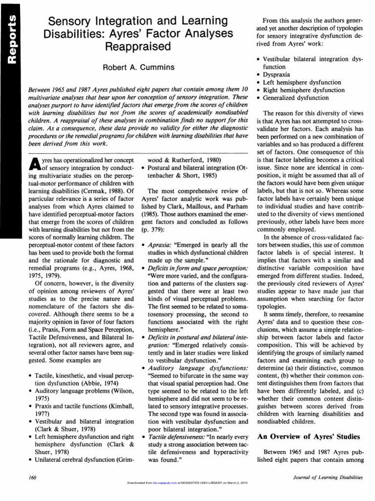 Sensory Integration and Learning Disabilities Ayres' Factor Analyses