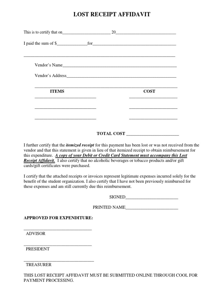 Lost Receipt Affidavit Template | PDF