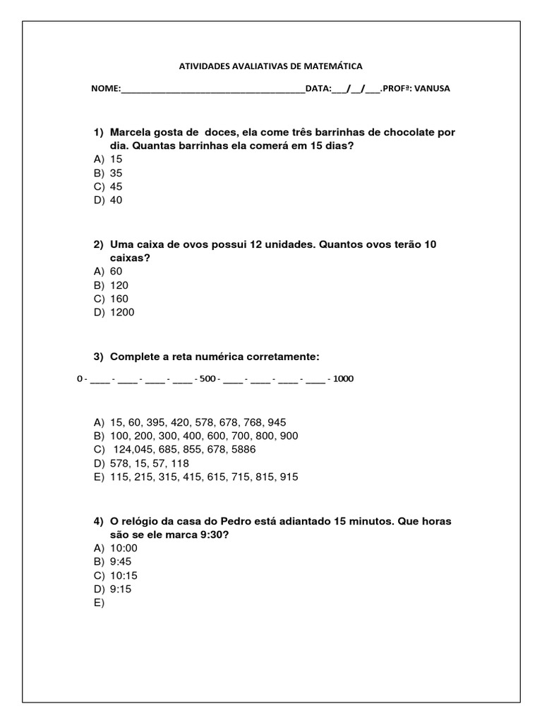 Atividades Avaliativas de Matemática | PDF