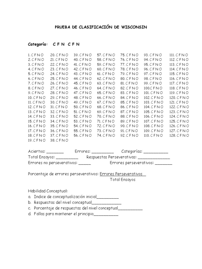 Prueba de Clasificación de Wisconsin Hoja Respuestas PDF