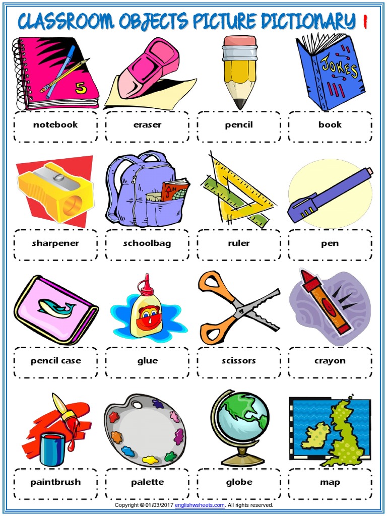 Classroom Objects Vocabulary Esl Picture Dictionary Worksheet For Kids ...