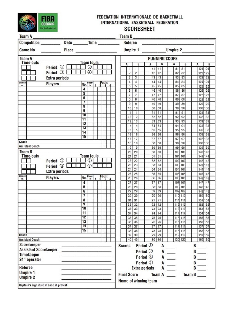 Fiba Basketball Scoresheet PDF