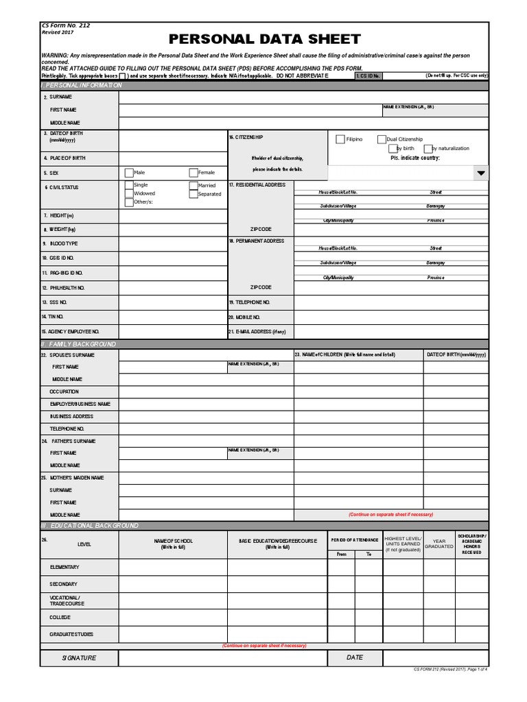 CSC Personal Data Sheet 2017 Form | PDF | Business