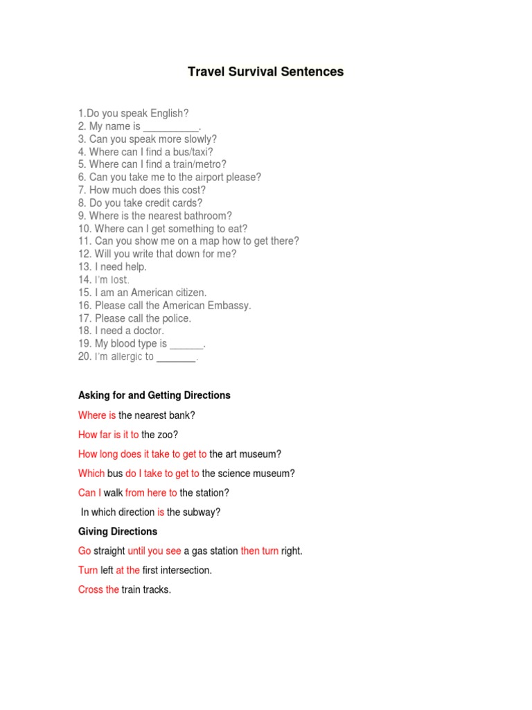 Essential Travel Survival Sentences | PDF