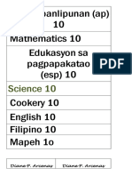 Araling Panlipunan (Ap) 10 Mathematics 10 Edukasyon Sa Pagpapakatao (Esp) 10 Cookery 10 English 10 Filipino 10 Mapeh 1o