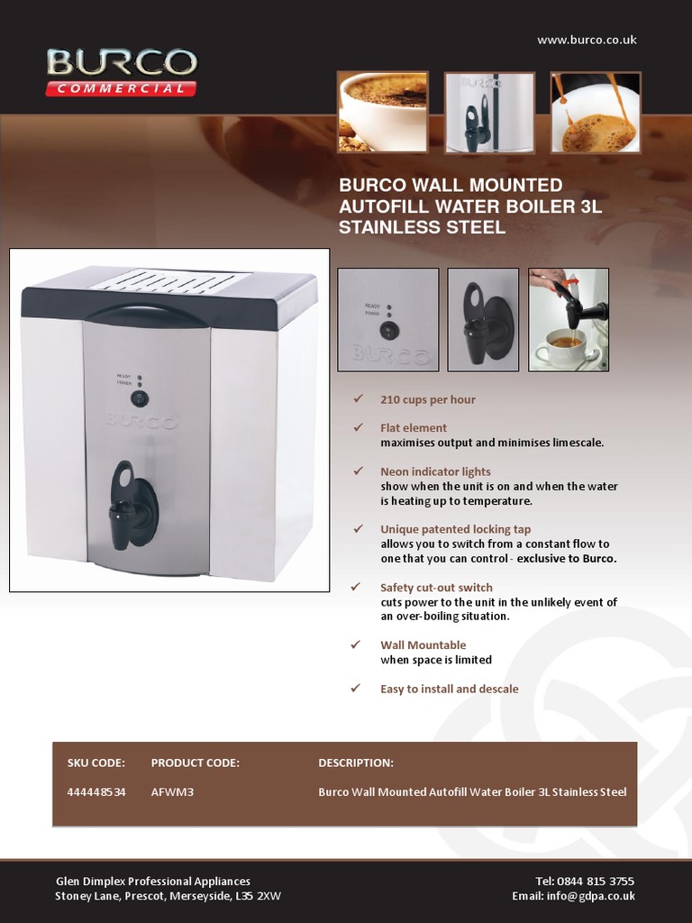 Burco Wall Mounted Autofill Water Boiler 3L Stainless Steel WWW