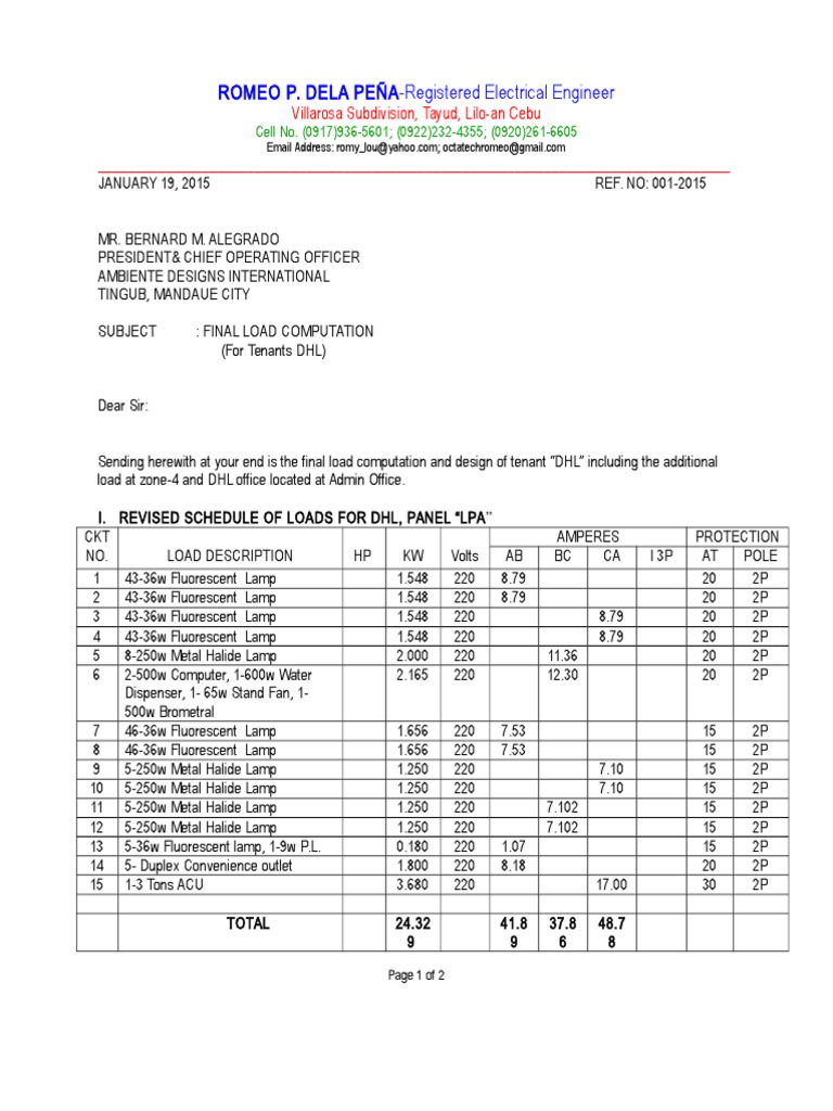 DHL Final Load Computation Report | PDF | Electrical Engineering ...
