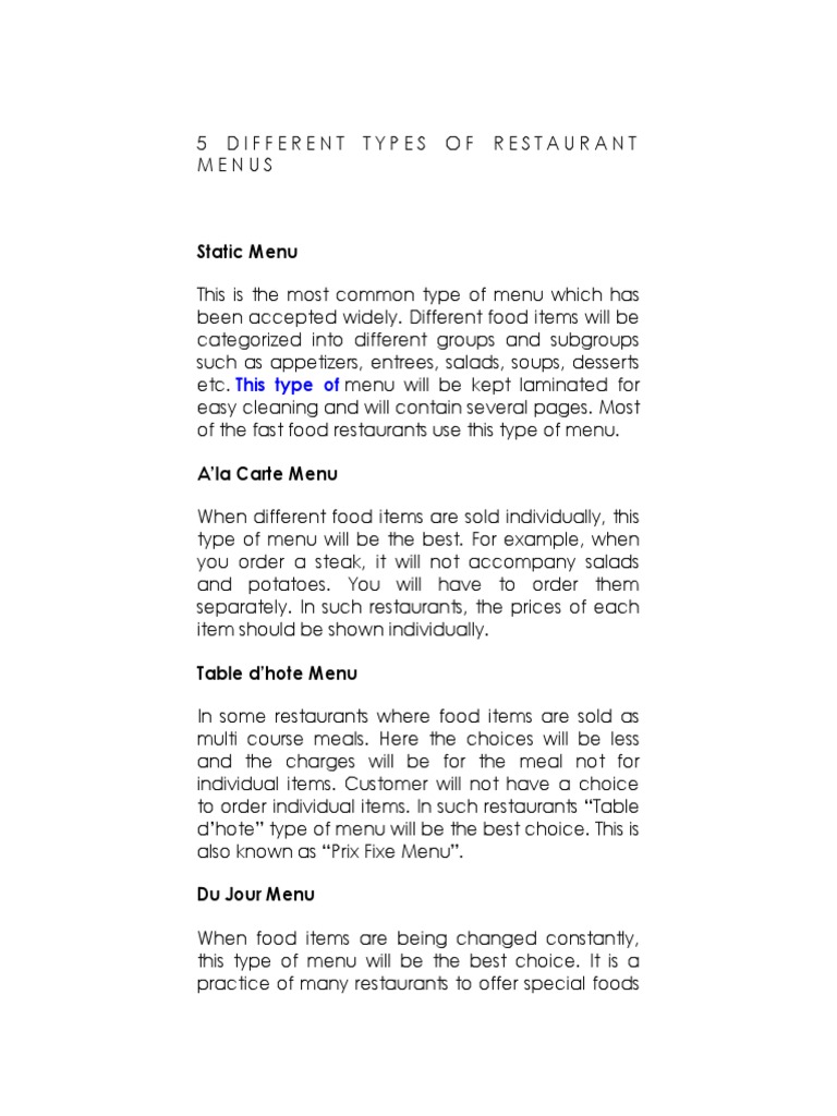 5 Different Types of Restaurant Menus PDF