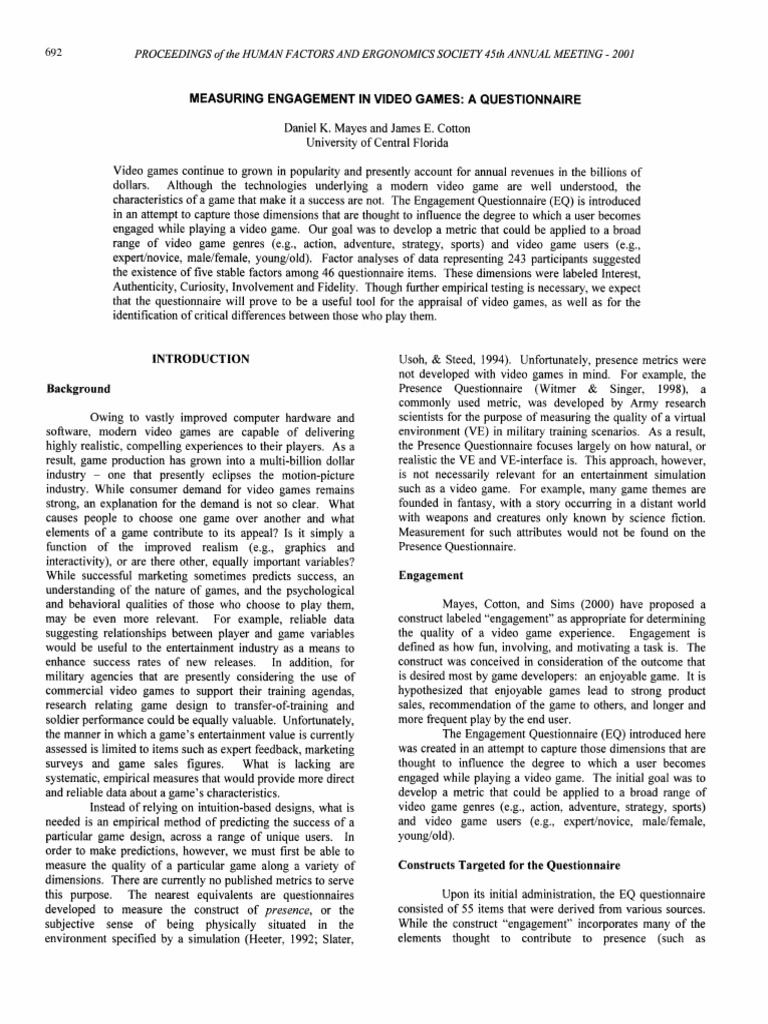 Engagement Measurement in Video Games | PDF | Video Games | Factor Analysis