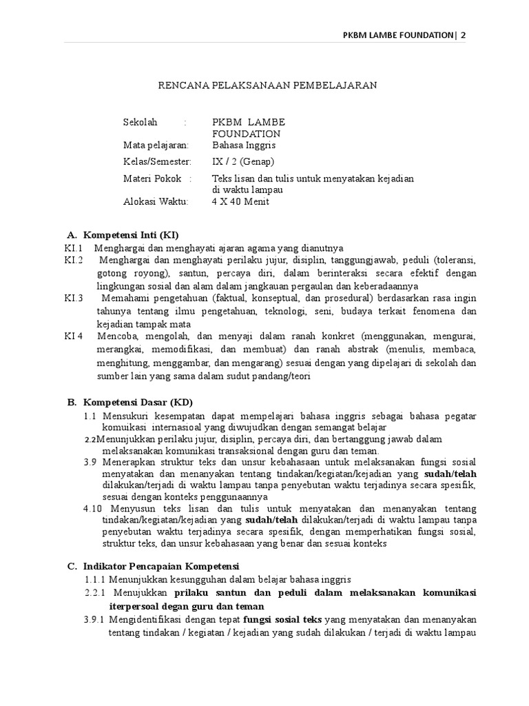 RPP Bahasa Inggris Paket B PKBM Lambe | PDF
