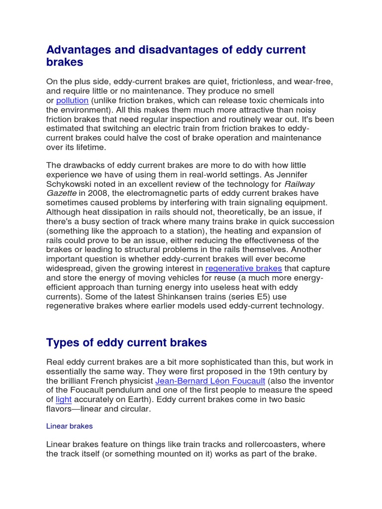 Advantages and Disadvantages of Eddy Current Brakes PDF Brake